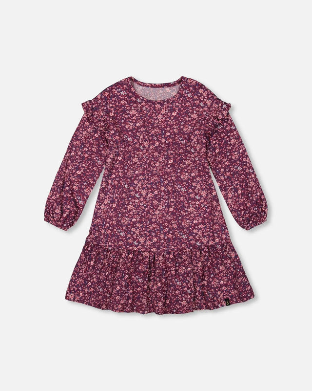 Dress With Frills Burgundy Printed Little Flowers | Deux par Deux | Jenni Kidz