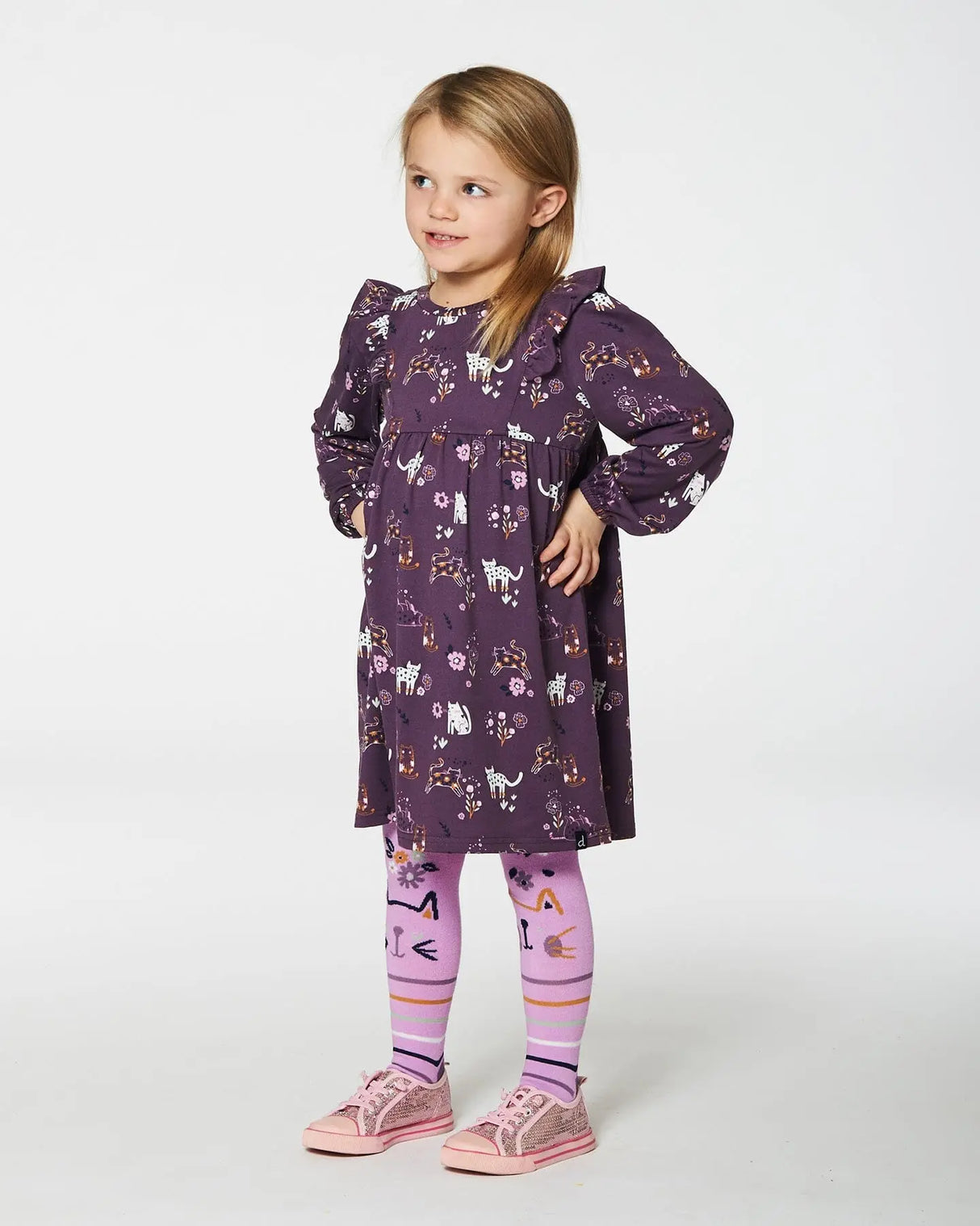 Dress With Frills Mauve Printed Cats | Deux par Deux | Jenni Kidz