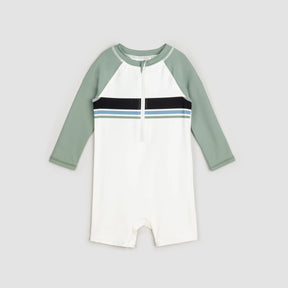 Miles The Label baby boys Dusty Green/White color block long-sleeve swim romper with UPF 50+ and front zipper.