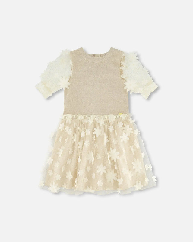 Elbow Sleeve Dress With Tulle Skirt Glittering Beige | Deux par Deux | Jenni Kidz