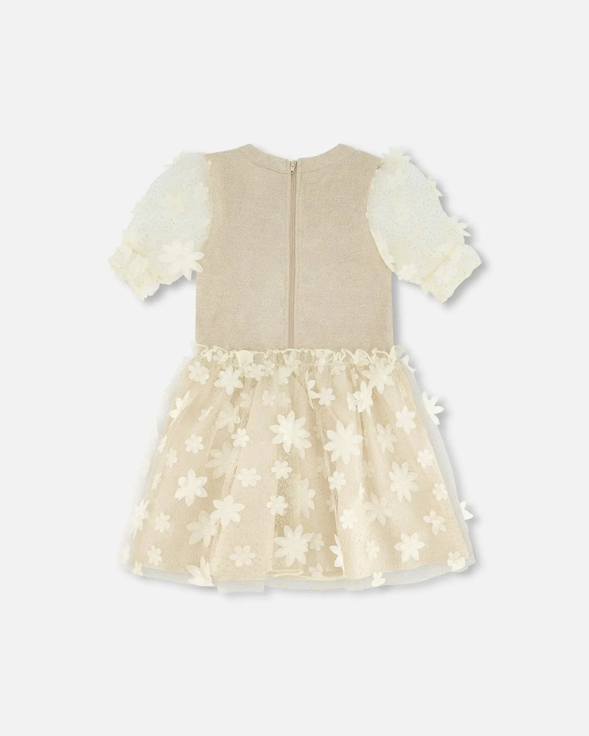 Elbow Sleeve Dress With Tulle Skirt Glittering Beige | Deux par Deux | Jenni Kidz