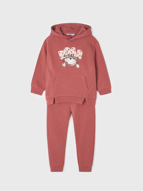 Mayoral girls embroidered tracksuit set laid flat showing hoodie, front pocket, and matching pants.
