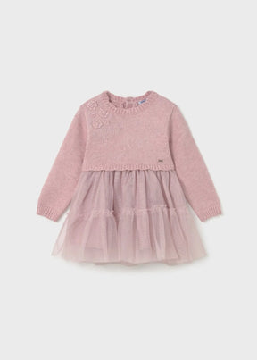 Front view of dusty pink Mayoral baby girl knit dress with tiered tulle skirt