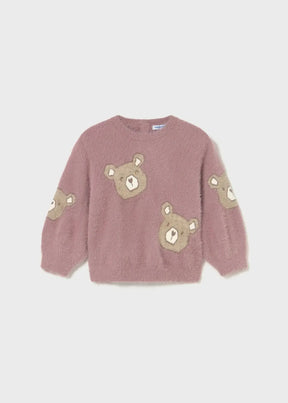 Front view of dusty mauve Mayoral baby sweater with fuzzy bear motifs