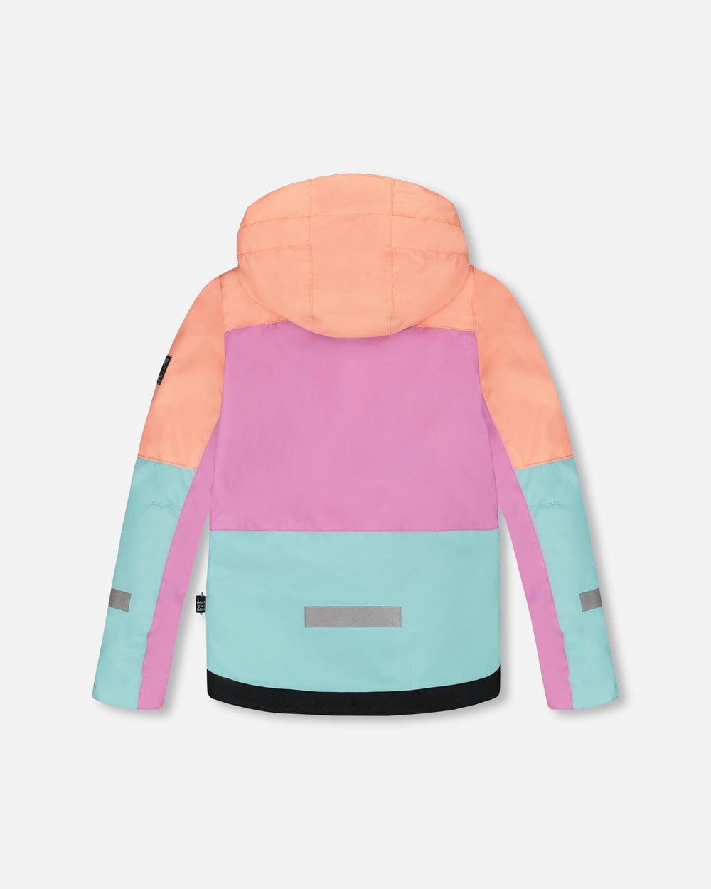 Flat lay of colorblocked jacket — back view with detachable, helmet-friendly hood