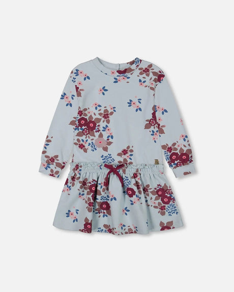 Fleece Dress Light Blue Printed Big Flowers | Deux par Deux | Jenni Kidz