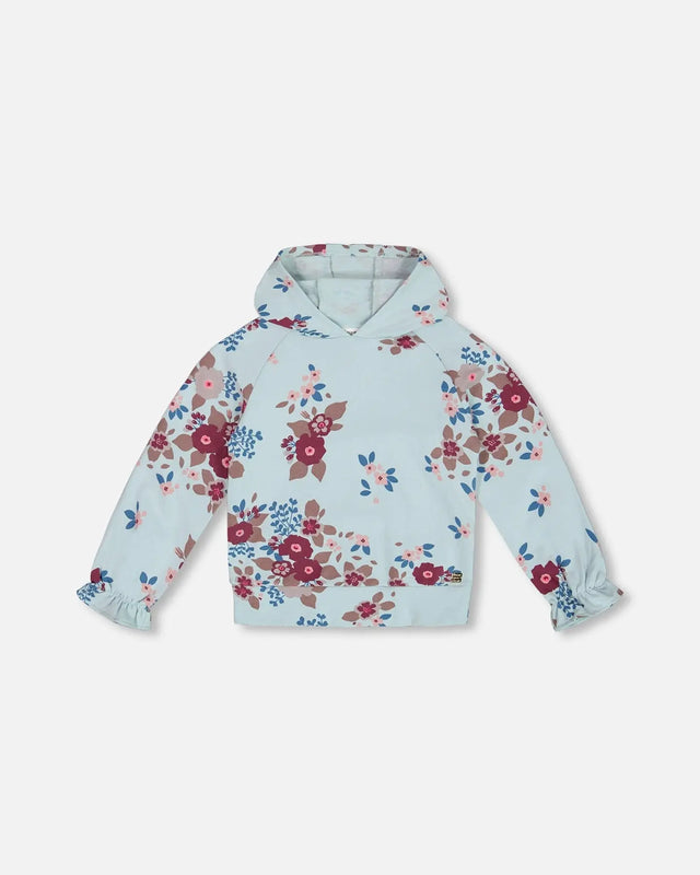 Fleece Hoodie Light Blue Printed Big Flowers | Deux par Deux | Jenni Kidz