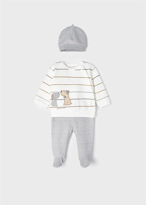 Ivory Mayoral baby dog top with grey footed pants and matching hat