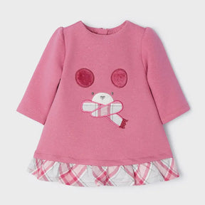 Mayoral baby girls Pink fleece dress with embroidered graphics, plaid hem, and long sleeves.