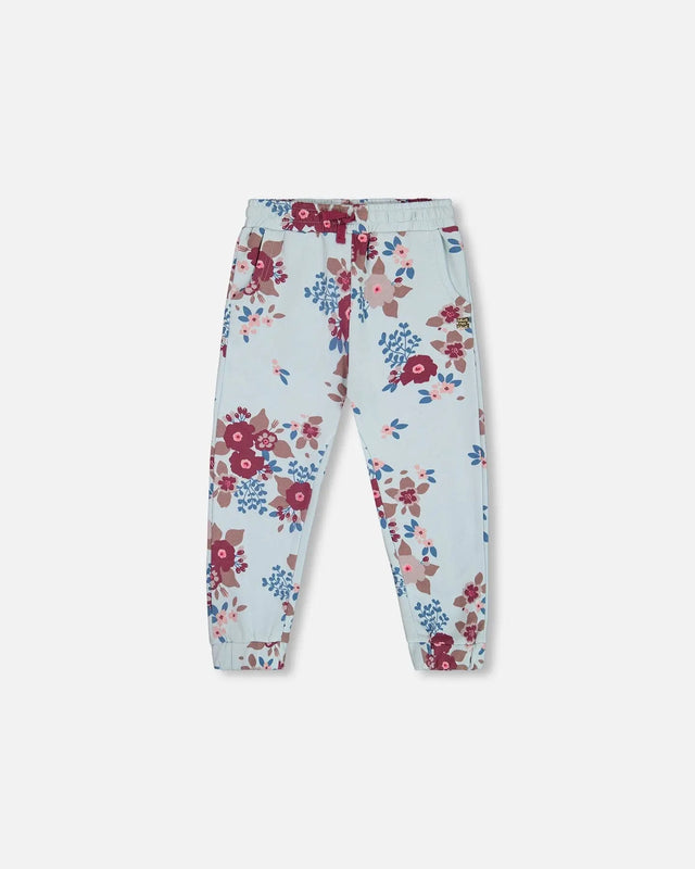 Fleece Sweatpants Light Blue Printed Big Flowers | Deux par Deux | Jenni Kidz