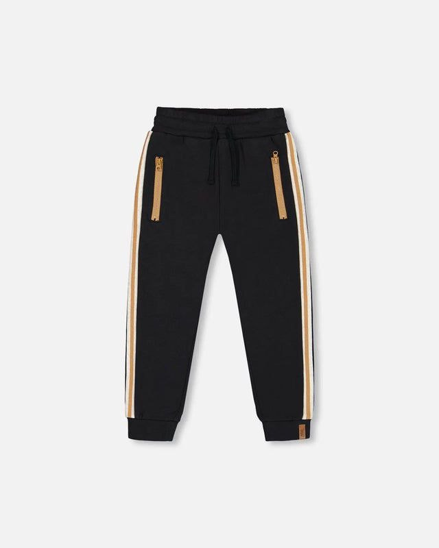 Fleece Sweatpants With Contrast Side Rib Black | Deux par Deux | Jenni Kidz