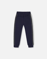 Fleece Sweatpants With Contrast Side Rib Navy | Deux par Deux | Jenni Kidz