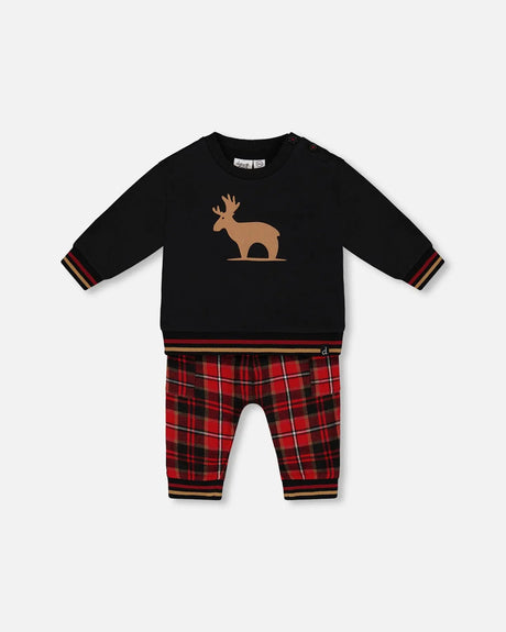 Fleece Sweatshirt And Pant Set Plaid Black And Red | Deux par Deux | Jenni Kidz