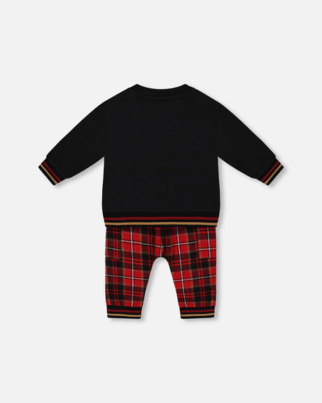 Fleece Sweatshirt And Pant Set Plaid Black And Red | Deux par Deux | Jenni Kidz