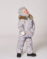 Fleece-lined hood with removable faux-fur trim on baby boys gray bear snowsuit, wind flap and chin guard