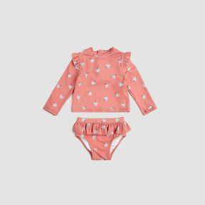 Miles The Label baby girls and girls Deep Pink floral rashguard swim set with UPF 50+ and frilly details.