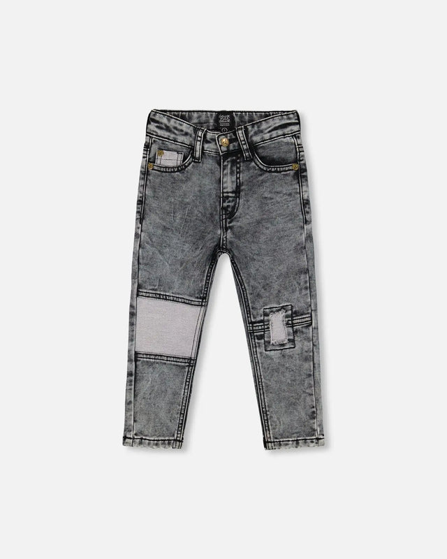 French Terry Black Denim Pants With Contrasting Patch | Deux par Deux | Jenni Kidz