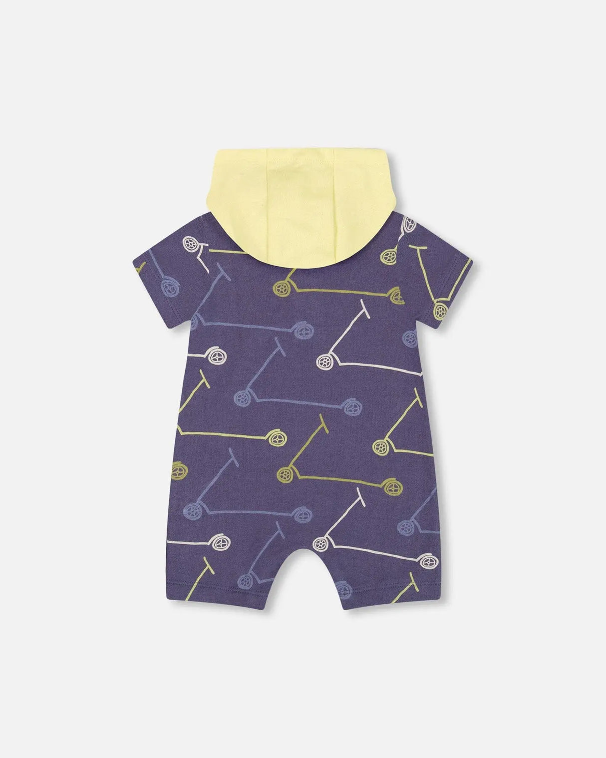 French Terry Hooded Romper Blue Printed Scooters | Deux par Deux | Jenni Kidz