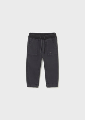 Mayoral baby boy charcoal twill joggers with elastic waist, drawstring, and cuffed hems.