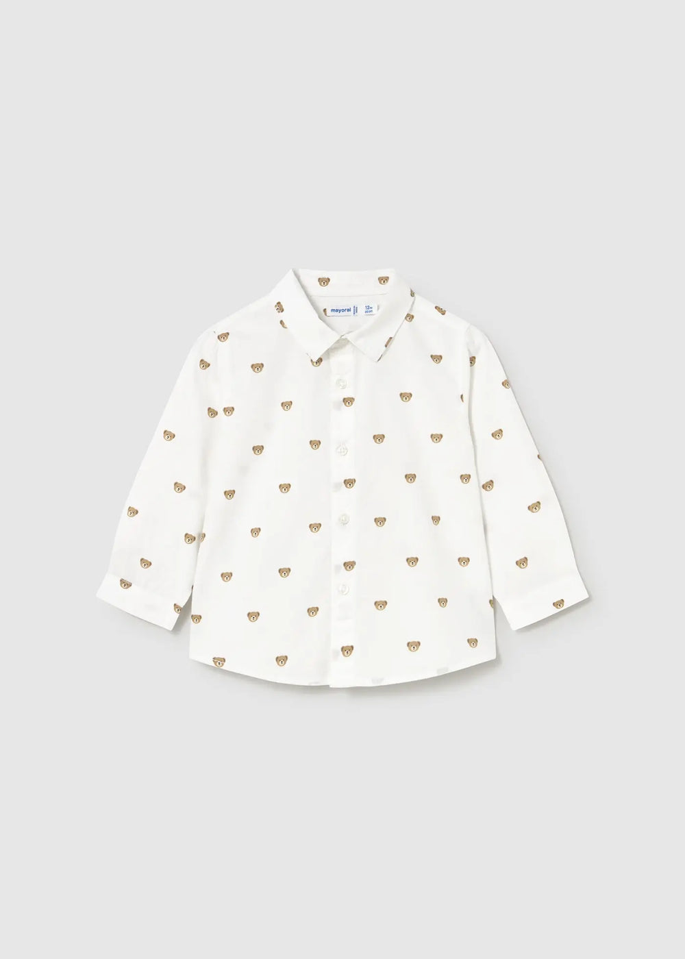 Front flat lay of Mayoral baby printed long-sleeve shirt with collar and button placket