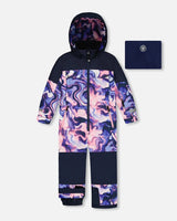 Front flat lay of the pink & blue marble one-piece Teknik snowsuit by Deux par Deux with hood and waterproof zippers