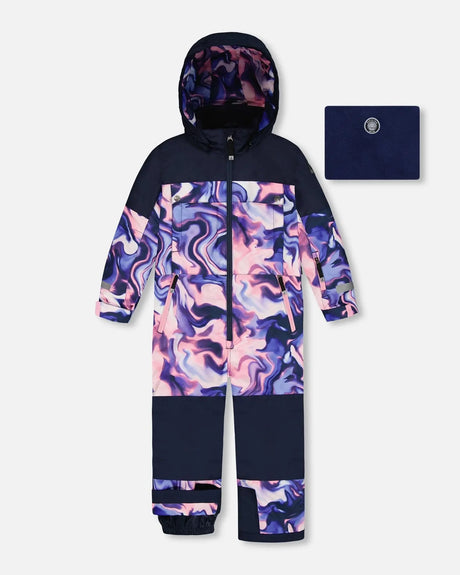 Front flat lay of the pink & blue marble one-piece Teknik snowsuit by Deux par Deux with hood and waterproof zippers
