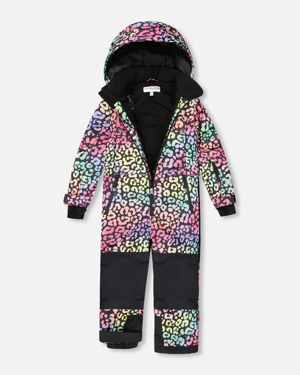 Front view of Deux par Deux one-piece rainbow leopard snowsuit for kids