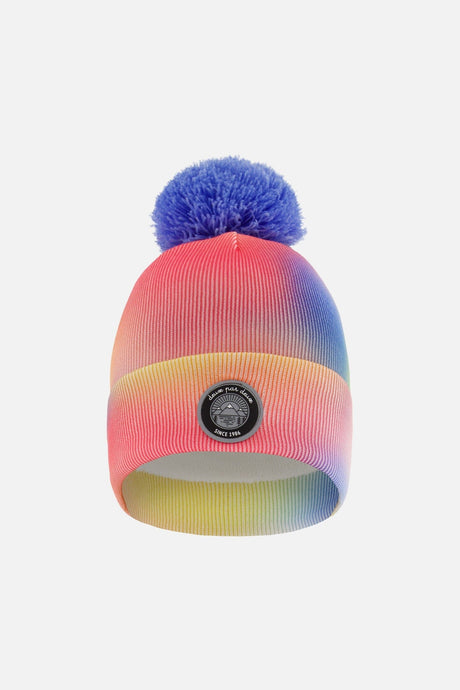 Multicolor watercolor Deux par Deux cable knit hat with periwinkle pompom, flat lay front view
