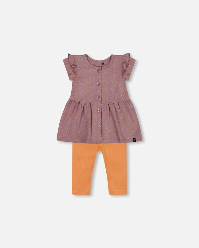Printed Organic Cotton Dress And Solid Leggings Set Orange And Purple-0