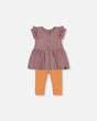 Printed Organic Cotton Dress And Solid Leggings Set Orange And Purple-0