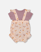 Printed Muslin Shortall And Organic Cotton Onesie Set Peach With Pears-2
