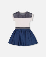 Bi-Material Organic Cotton And Chambray Dress White And Navy-2