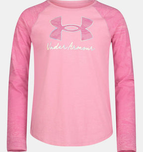 Pink Under Armour girls raglan long-sleeve top with patterned sleeves, front view