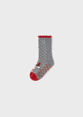 Single grey girls holiday sock with red toe and reindeer motif