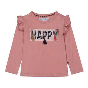Dusty pink Dirkje girls' long-sleeve shirt with ruffled shoulders and HAPPY appliqué, front view