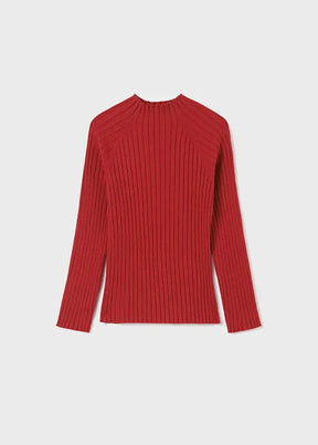 Front view of red Mayoral girls ribbed long-sleeve mockneck top