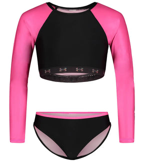Under Armour girls two-piece rashguard set in Pink/Black with long sleeves and bikini bottom
