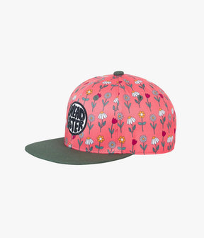 Pink Grow Up kids snapback with colorful wildflowers and olive brim, angled front view