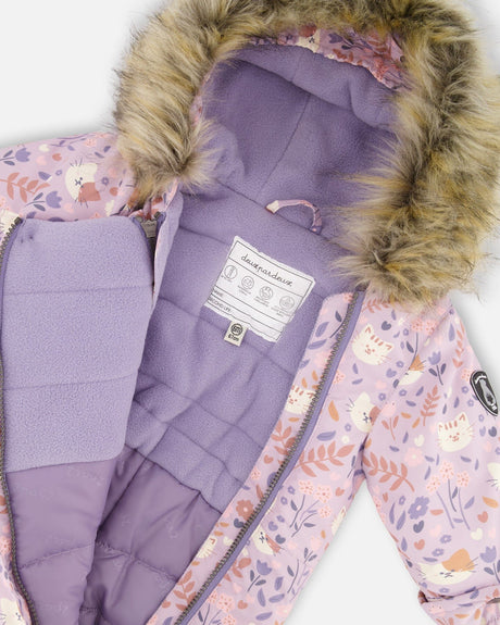 One-Piece Baby Play Snowsuit Designed For Car Seat Lilac Cat Print-4