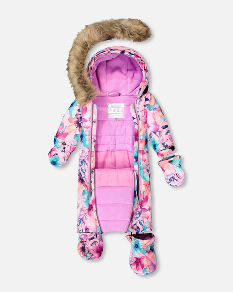 One-Piece Baby Play Snowsuit Designed For Car Seat Pink Watercolor Flower Print-2