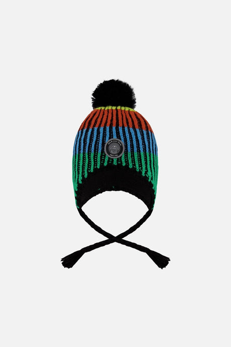 Orange blue and green striped knit hat with crossed black ties, flat lay