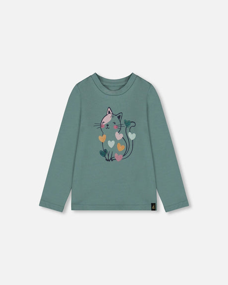 Organic Cotton T-Shirt Sage With Cat-0