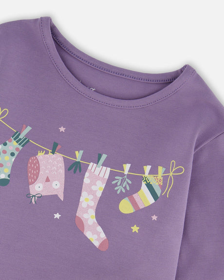 Organic Cotton Jersey Top Purple Gray With Owl-3