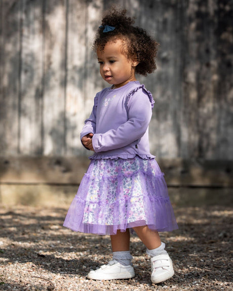 Bi-Material Dress With Muslin And Mesh Skirt Purple Gray-3