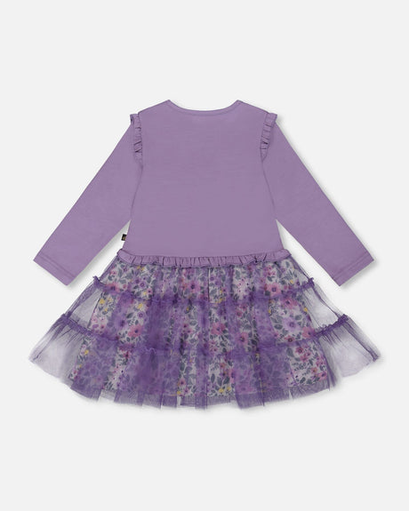 Bi-Material Dress With Muslin And Mesh Skirt Purple Gray-1
