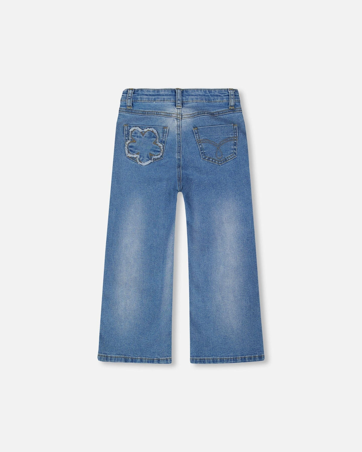 Wide Leg Stretch Light Blue Denim Jeans With Flower Stitching-3