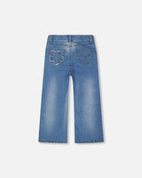 Wide Leg Stretch Light Blue Denim Jeans With Flower Stitching-3
