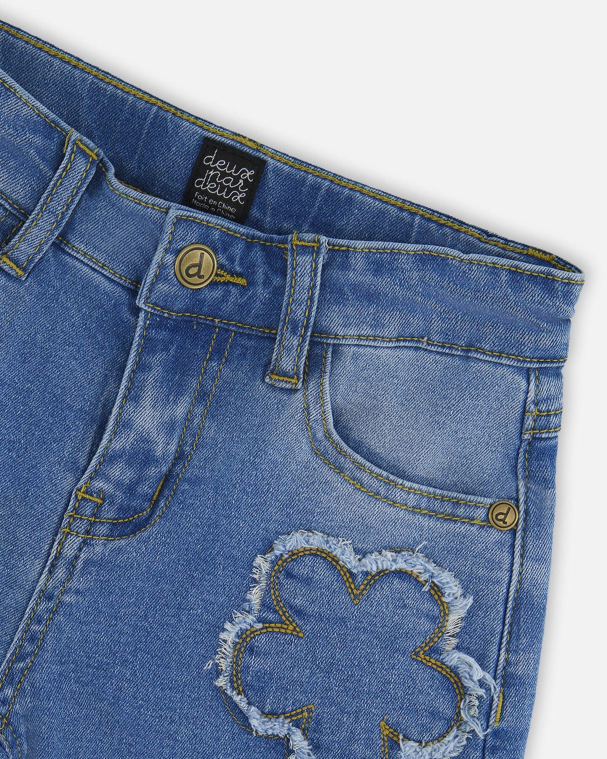 Wide Leg Stretch Light Blue Denim Jeans With Flower Stitching-4