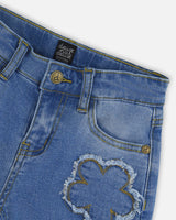 Wide Leg Stretch Light Blue Denim Jeans With Flower Stitching-4