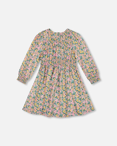Smocked Viscose Dress Green With Floral Print-0